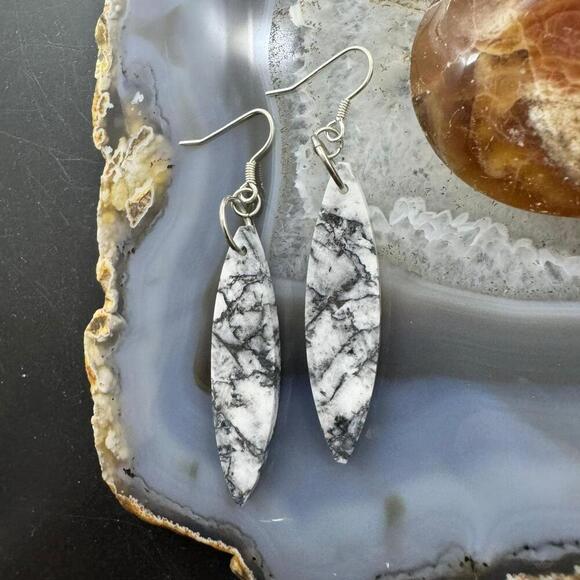 Sterling Silver Elongated Marquise Net Jasper Slab Dangle Earrings For Women 231 - Picture 6 of 10